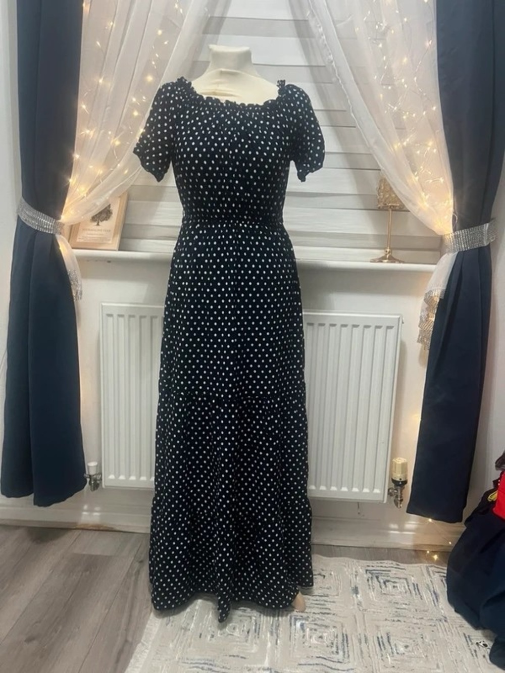 Black Polka Dot Maxi Dress with Puff Sleeves